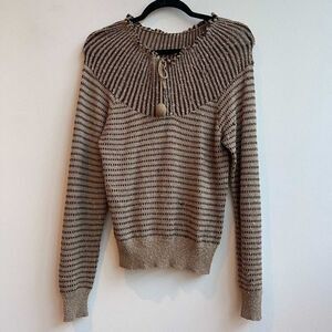 Vintage Beige Drawstring Neckline Knit Pom Pom  Striped Sweater